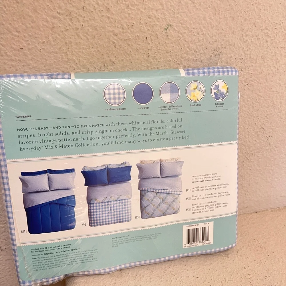VTG NIP Martha Stewart Everyday Cornflower Blue Gingham Full size‎ Flat Sheet